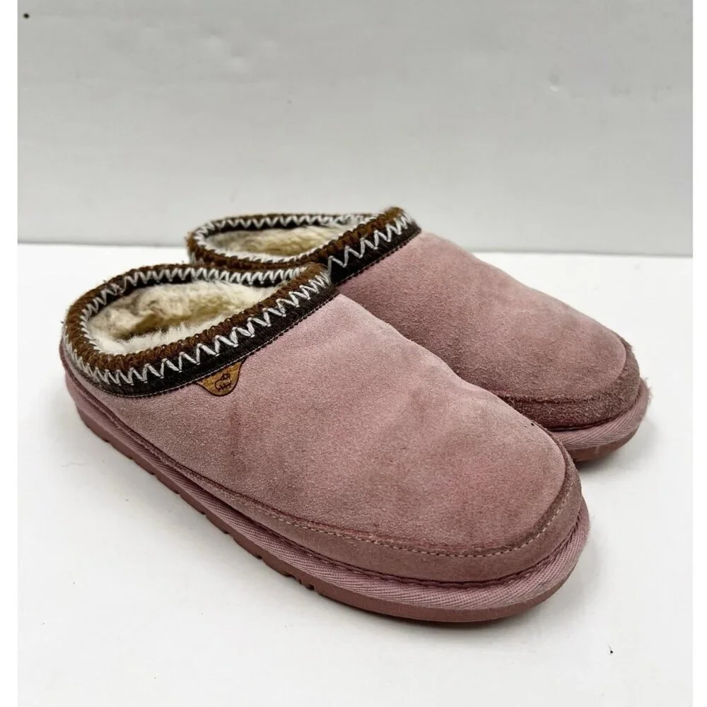 Lamo House Slippers Youth 2 Pink Suede Fur Lined Moccasins Cozy